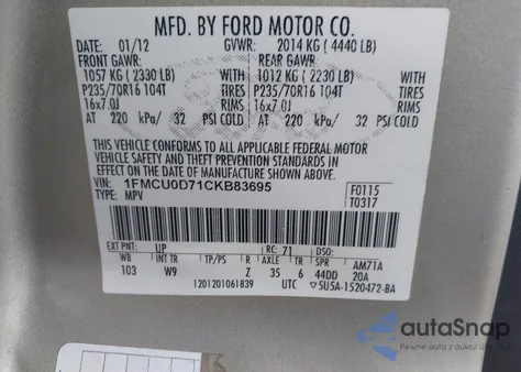 2012 Ford Escape Xlt z USA, uszkodzony, nr VIN 1FMCU0D71CKB83695